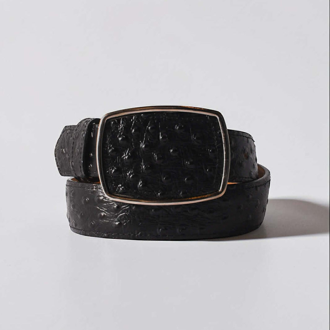 Cinturón en Piel Grabado Avestruz Negro