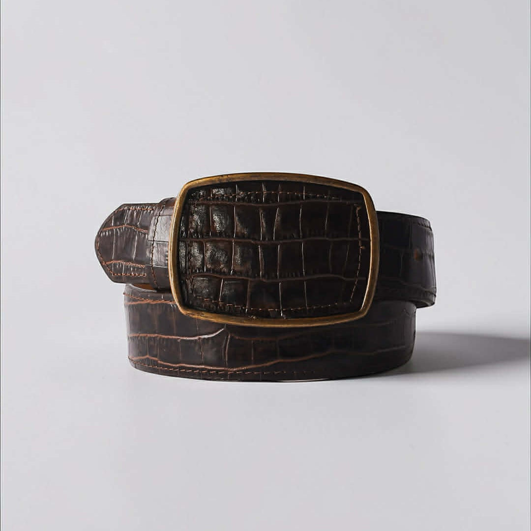 Cinturón en Piel Grabado Cocodrilo Café