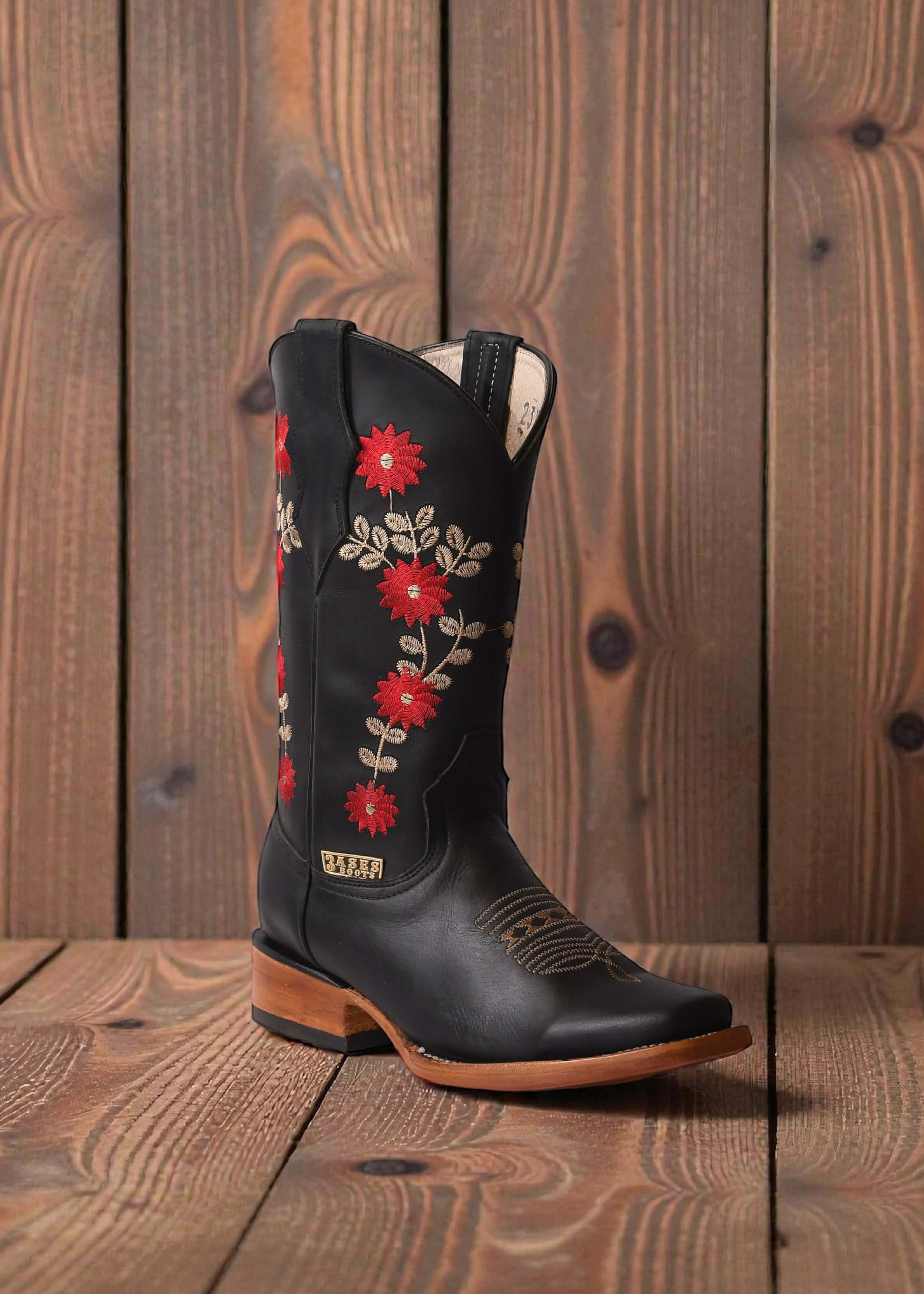 Bota 3Ases Rodeo Rosas Negro Dama